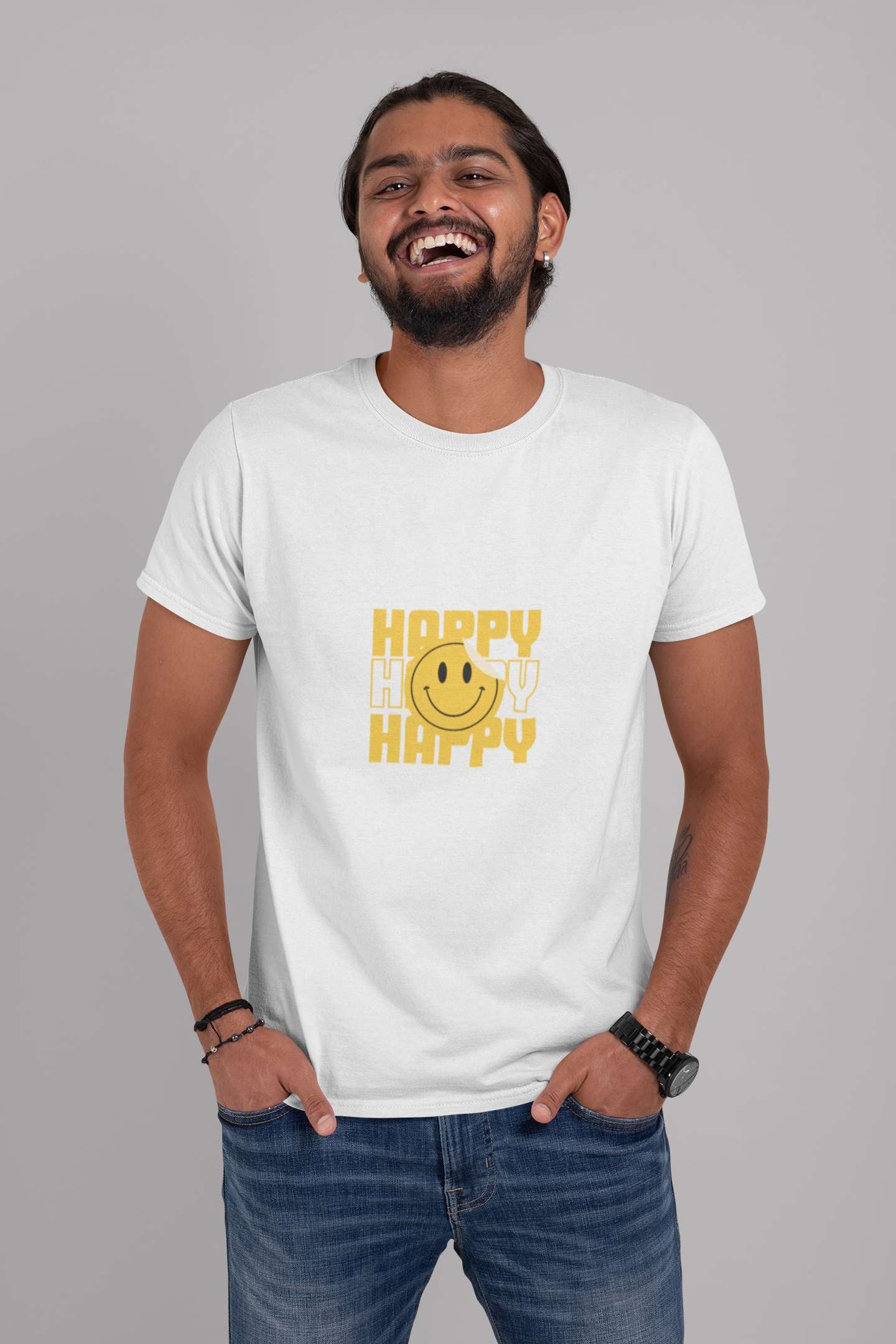 'Happy' Classic round neck half sleeves cotton T-shirts.