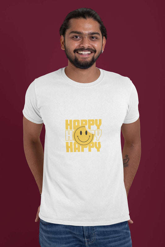 'Happy' Classic round neck half sleeves cotton T-shirts.