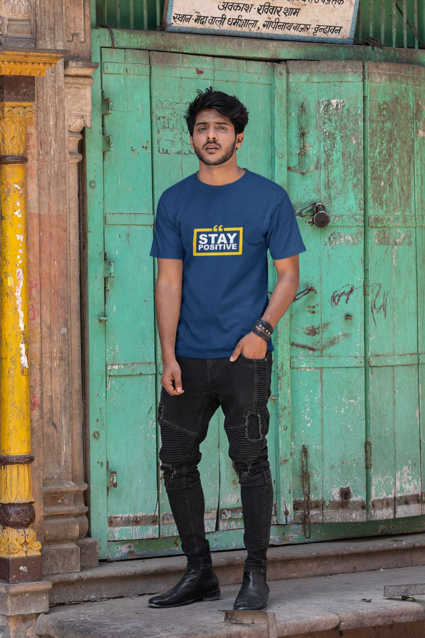 'Stay Positive' Classic round neck half sleeves cotton T-shirts.