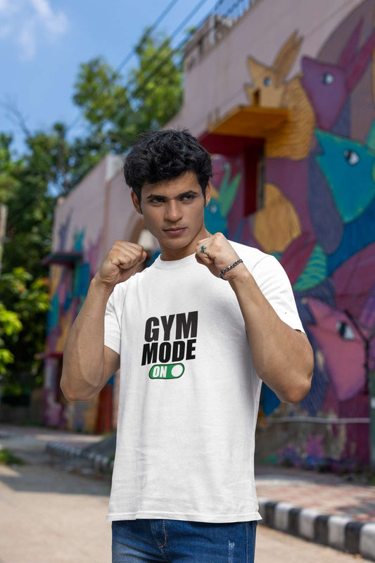 "Gym Mode On" Classic Round Neck Cotton T-Shirt with Half Sleeves.