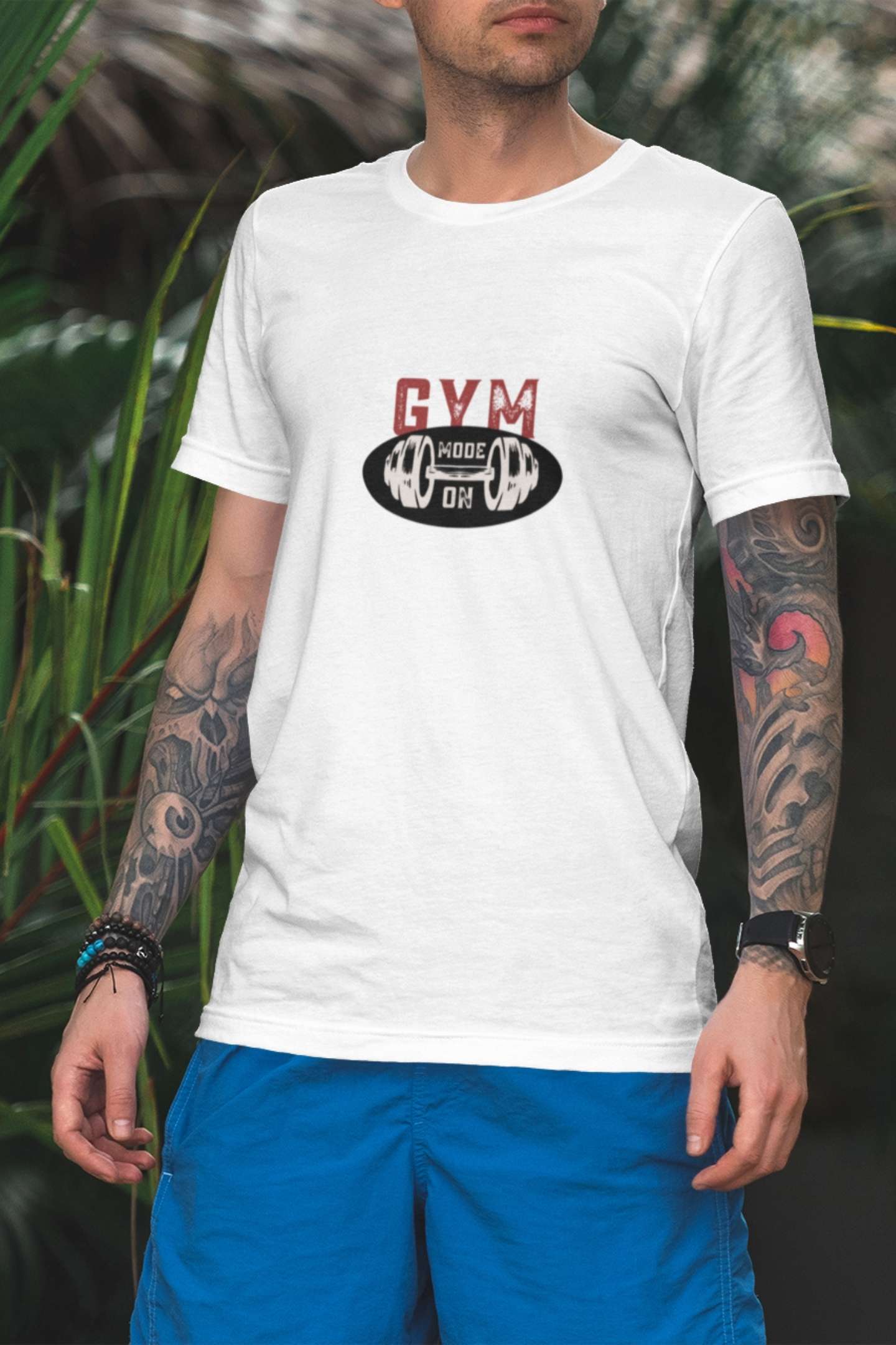 'Gym Mode On' Classic round neck half sleeves cotton T-shirts.