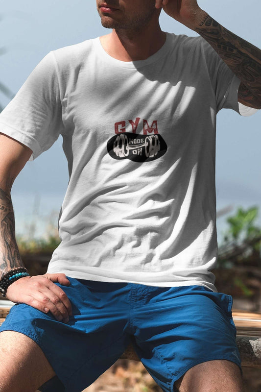 'Gym Mode On' Classic round neck half sleeves cotton T-shirts.