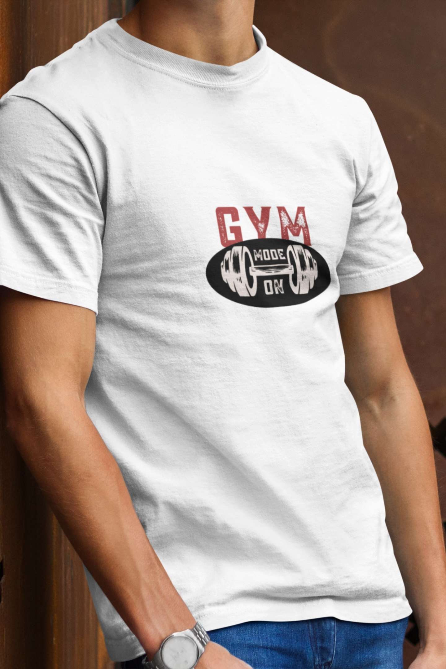 'Gym Mode On' Classic round neck half sleeves cotton T-shirts.