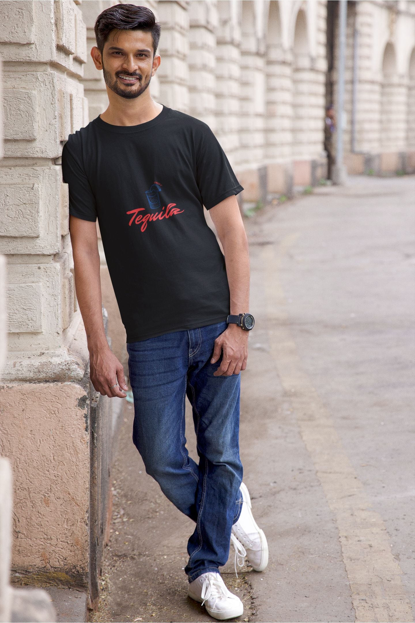 "Enjoy" Classic round neck half sleeves cotton T-shirts.