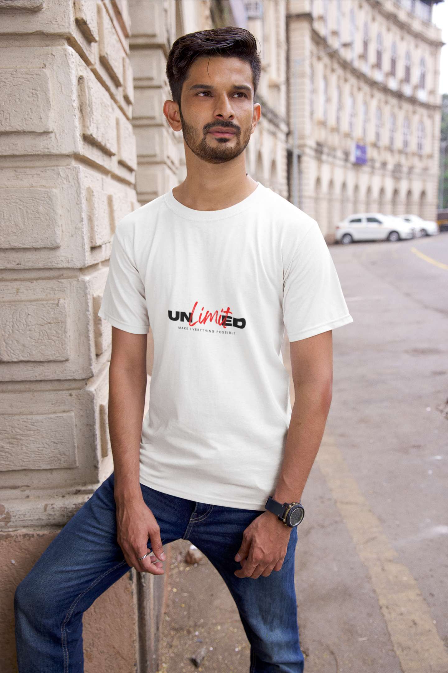 "Unlimited" Classic round neck half sleeves cotton T-shirts.