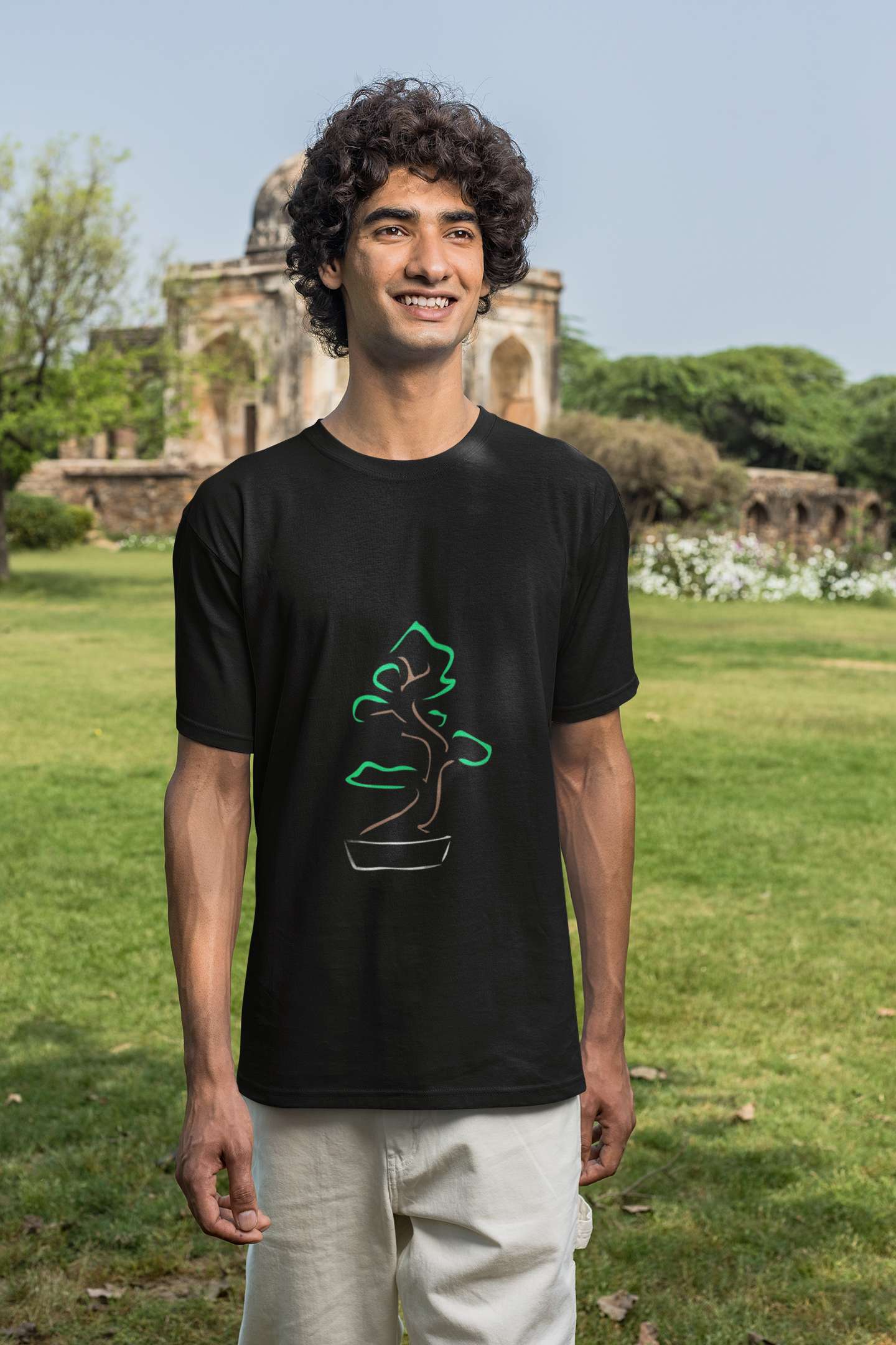 "Serene Bonsai Tree" Classic round neck half sleeves cotton T-shirts.