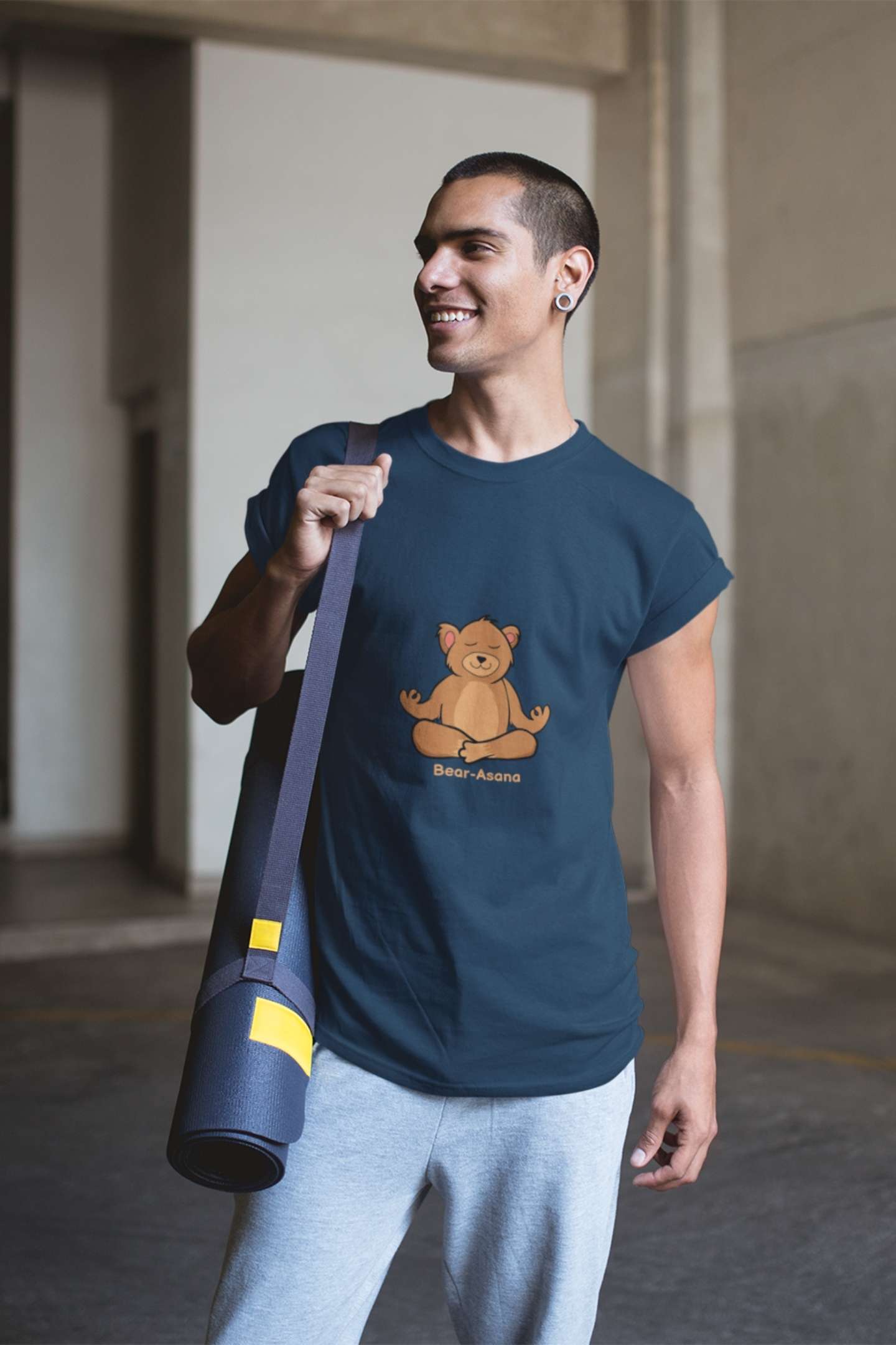 Bear-asana Classic round neck half sleeves cotton T-shirts.