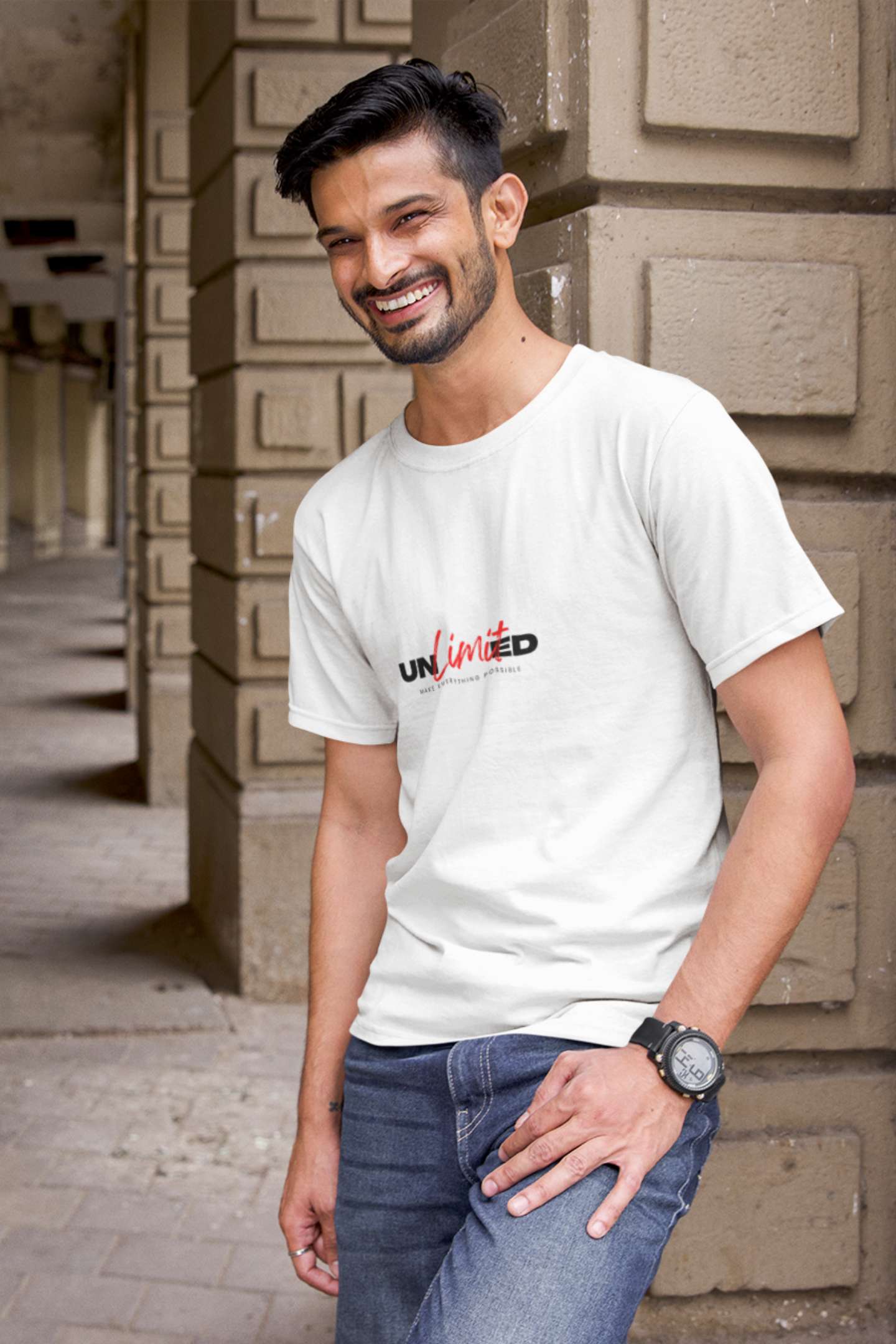 "Unlimited" Classic round neck half sleeves cotton T-shirts.