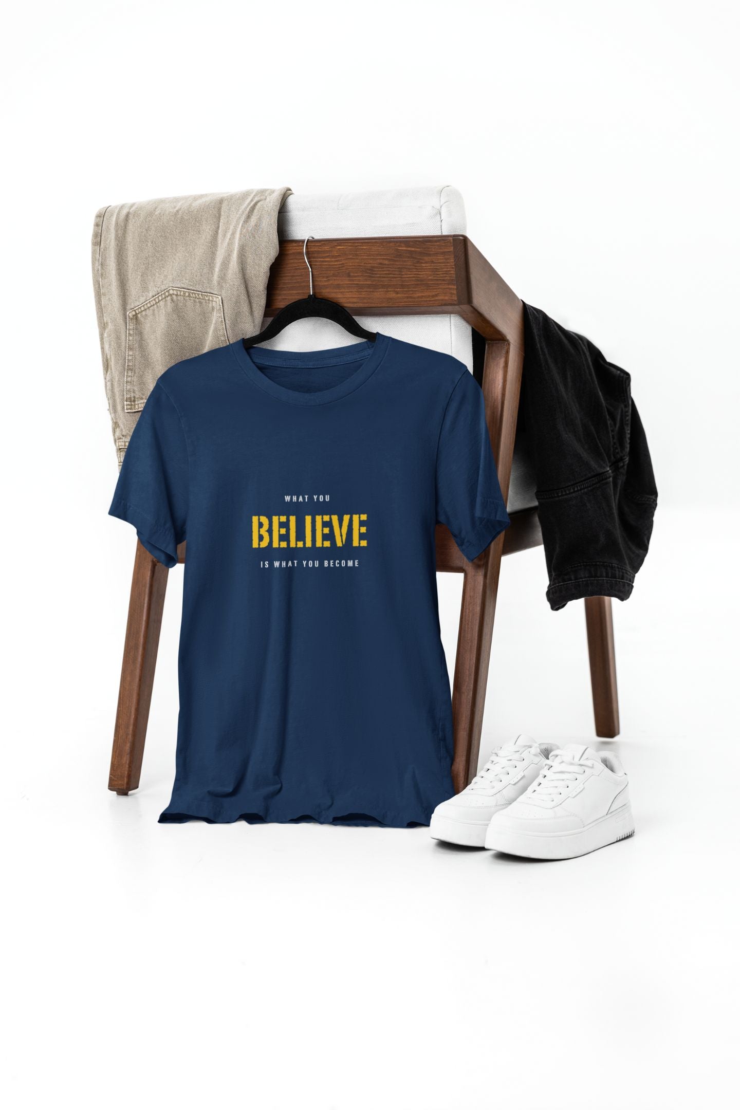 "What you believe is what you become." Classic round neck half sleeves cotton T-shirts.