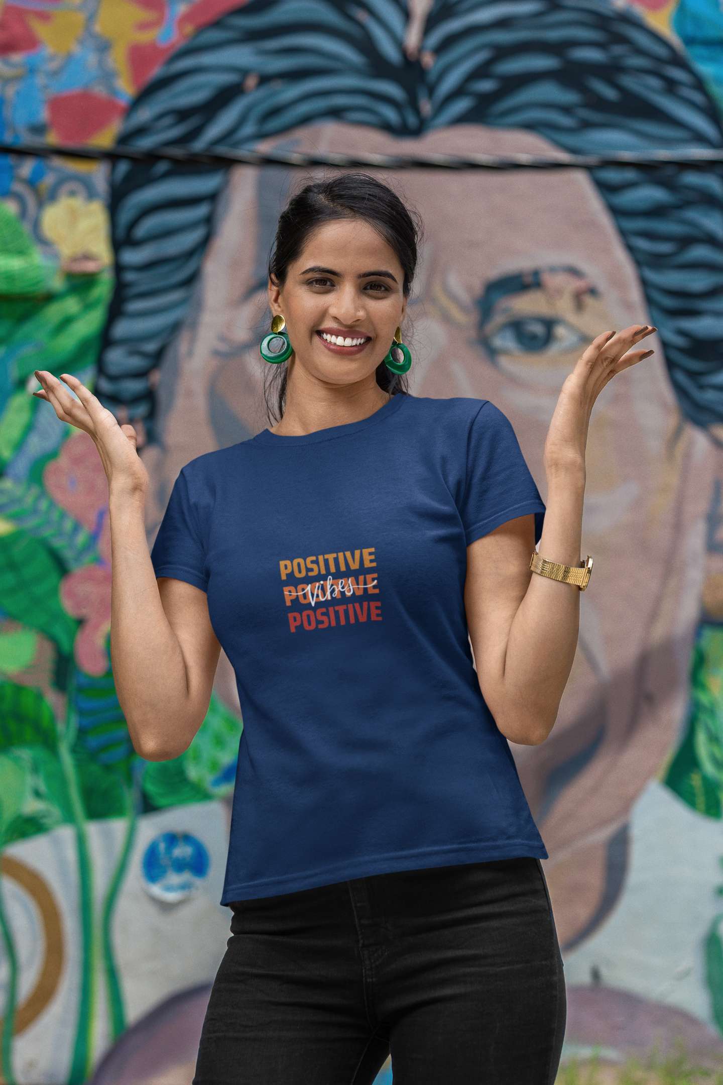 'Positive Vibes' Classic round neck half sleeves cotton T-shirts.