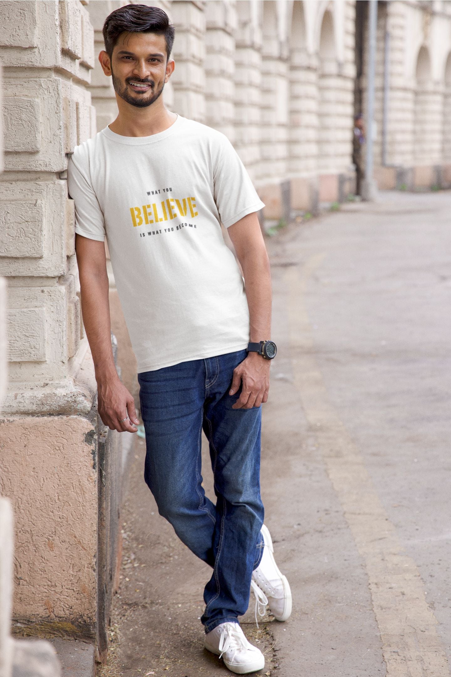 "What You Believe Is What You Become" Classic round neck half sleeves cotton T-shirts.