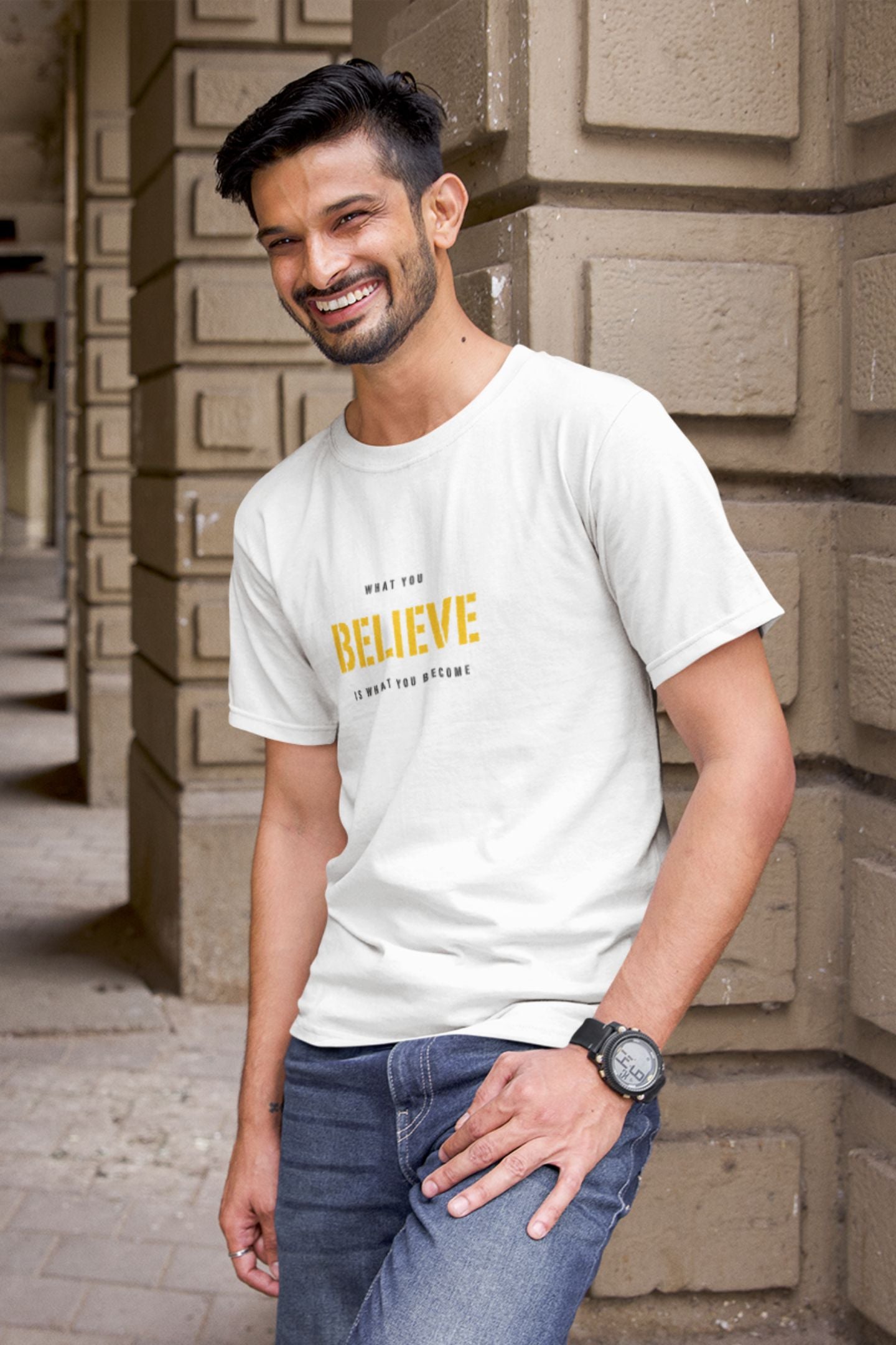 "What You Believe Is What You Become" Classic round neck half sleeves cotton T-shirts.