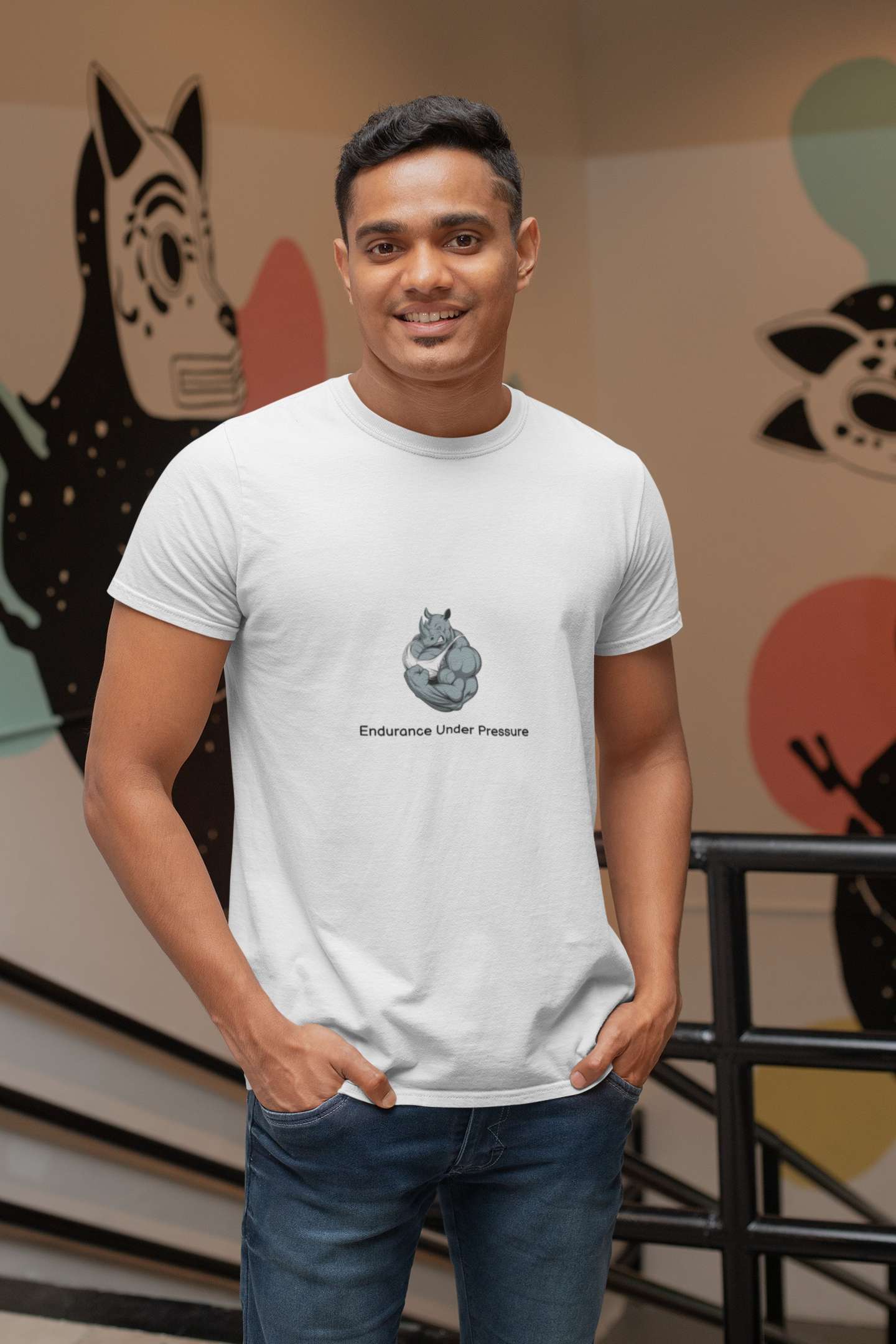 'The Rhinoceros Spirit' Classic round neck half sleeves cotton T-shirts.