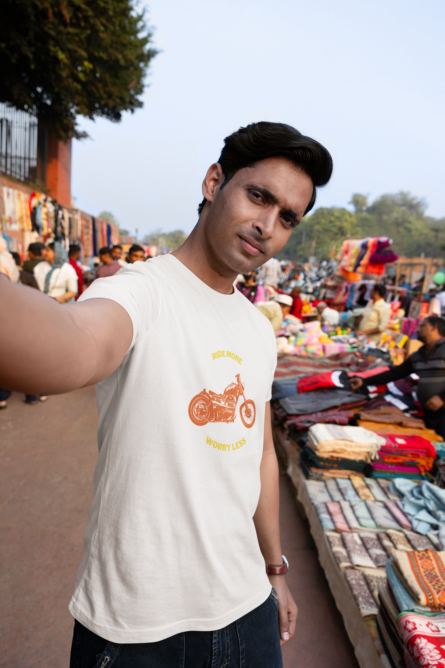 "Ride More, Worry Less" Classic Round Neck Cotton T-Shirt with Half Sleeves.