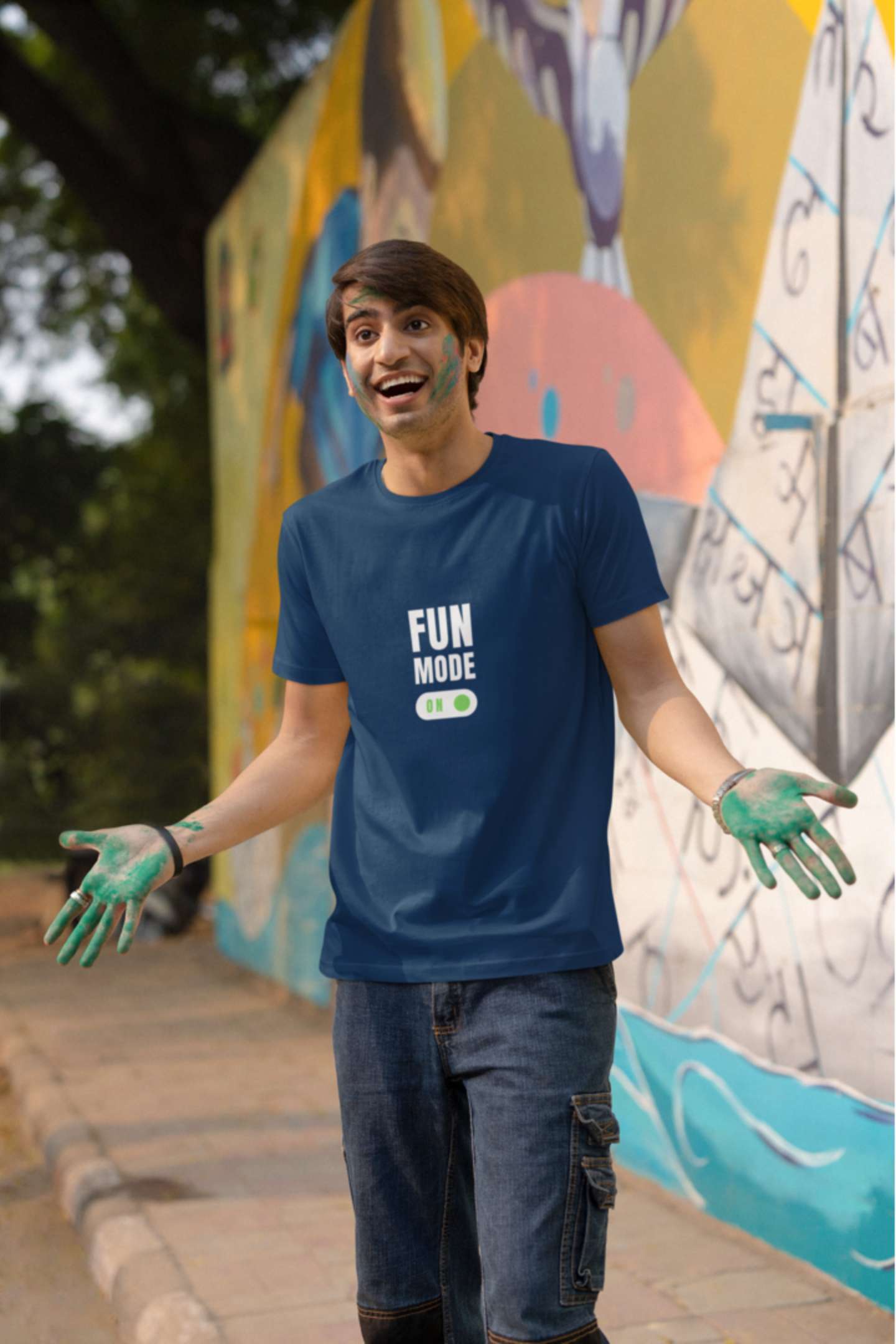 'Fun Mode' Classic round neck half sleeves cotton T-shirts.