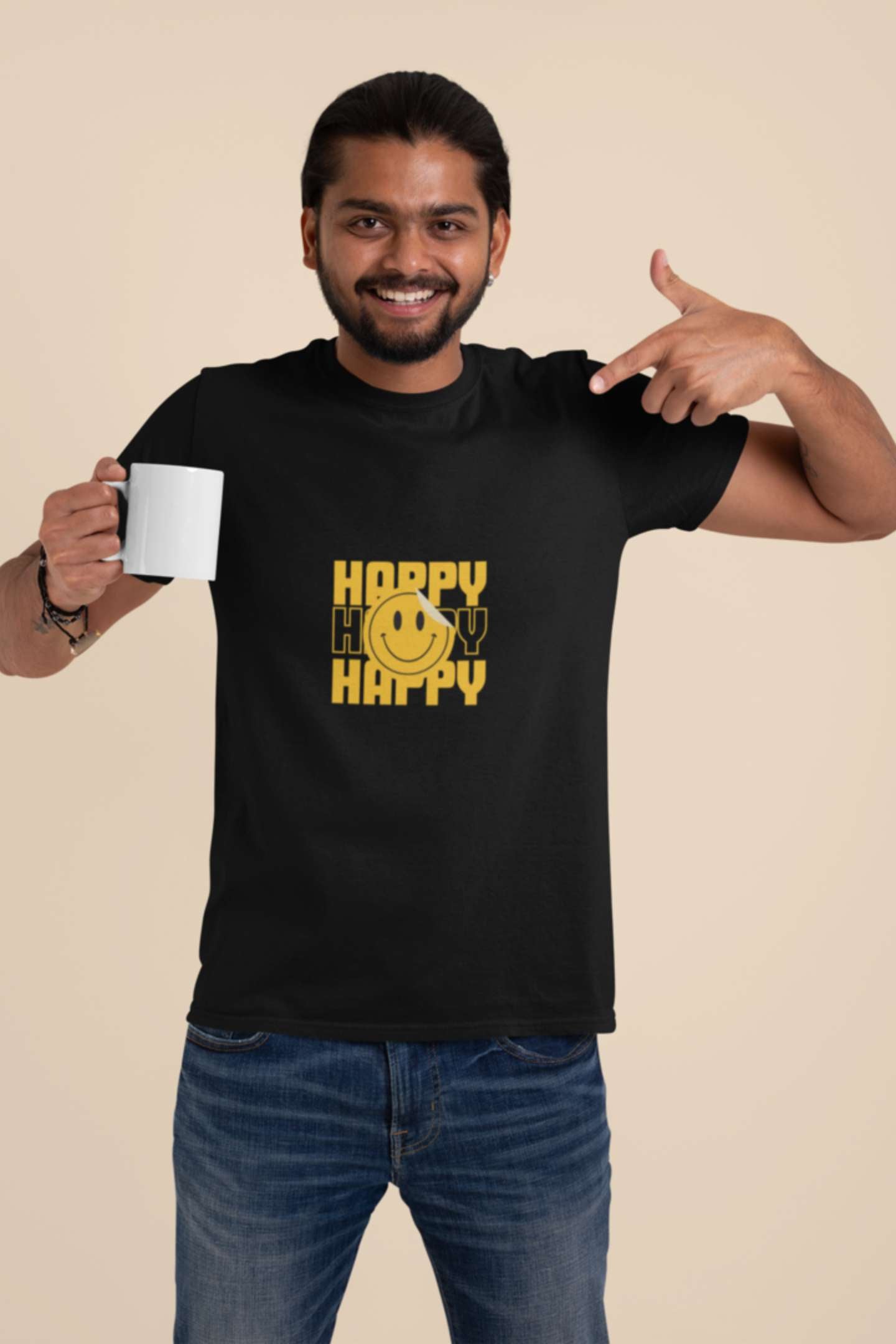 'Happy' Classic round neck half sleeves cotton T-shirts.