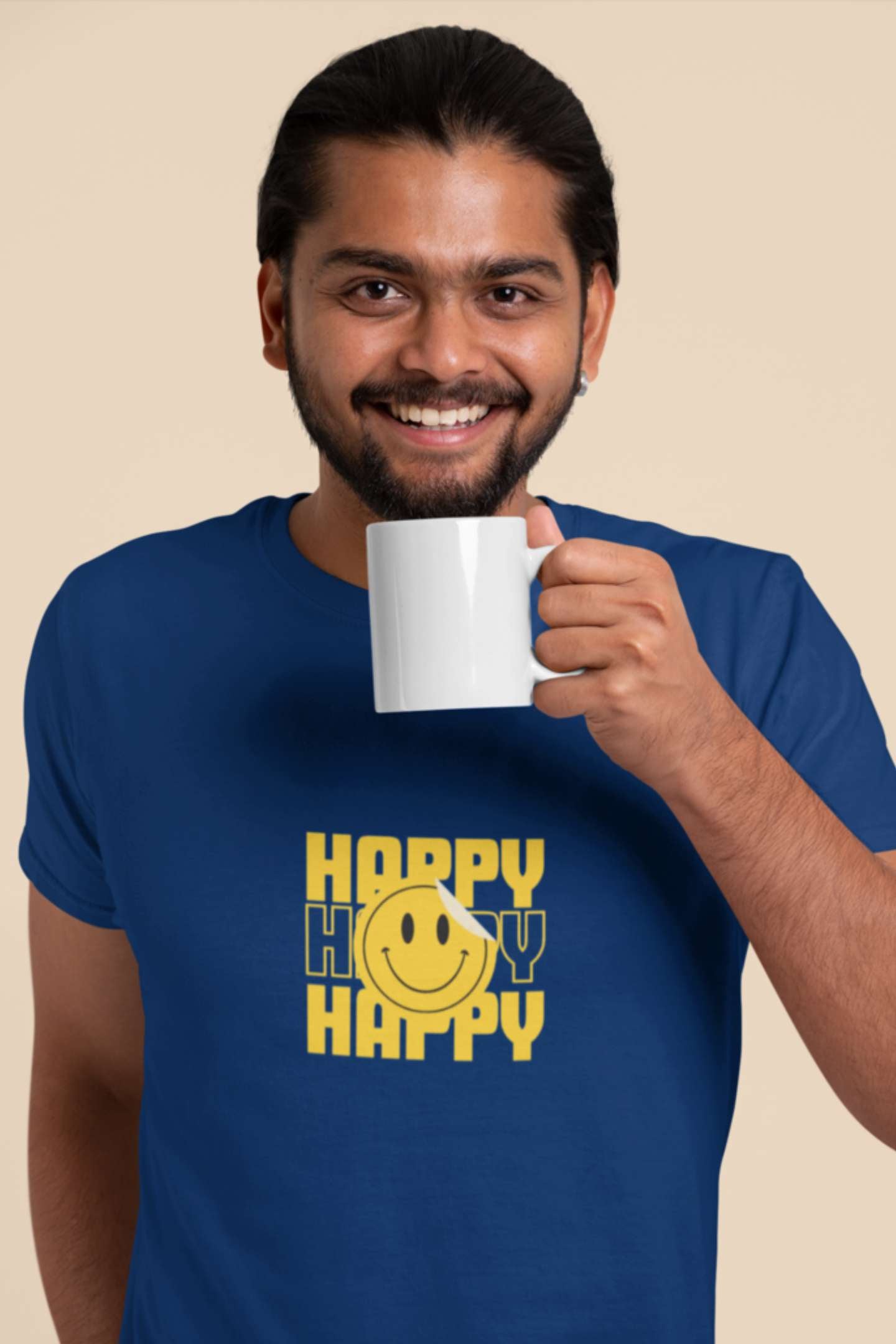 'Happy' Classic round neck half sleeves cotton T-shirts.