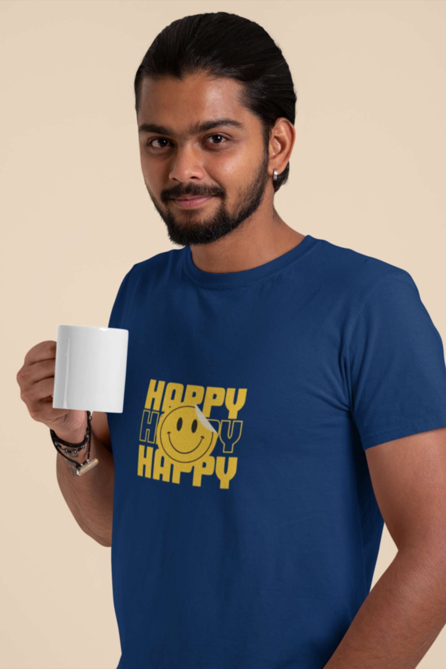 'Happy' Classic round neck half sleeves cotton T-shirts.