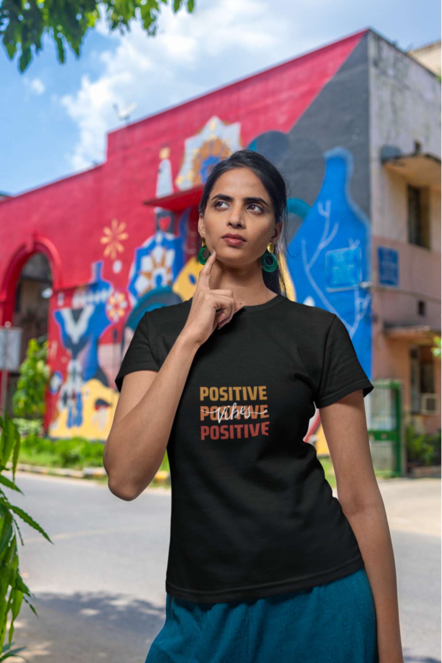 'Positive Vibes' Classic round neck half sleeves cotton T-shirts.