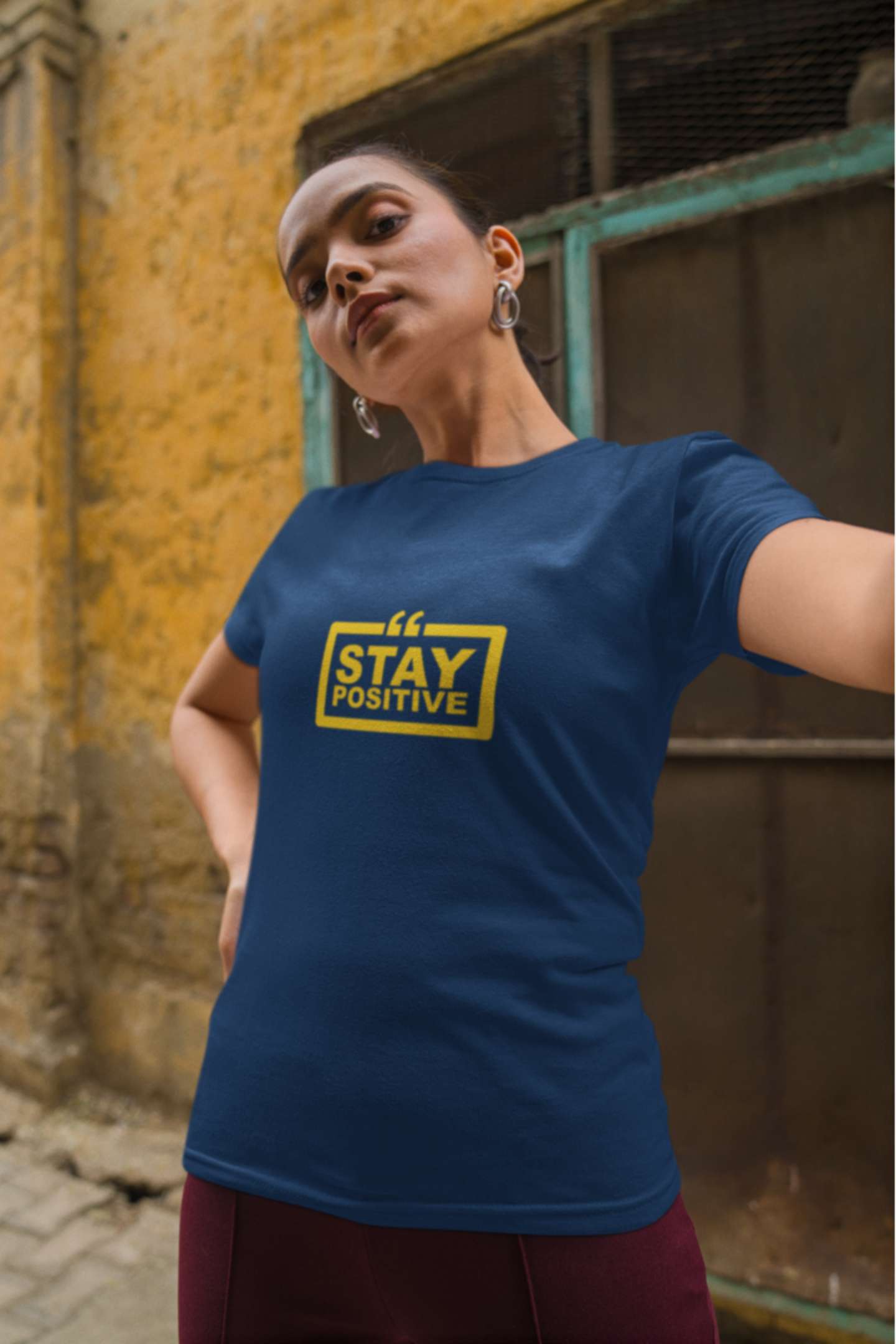 'Stay Positive' Classic round neck half sleeves cotton T-shirts.