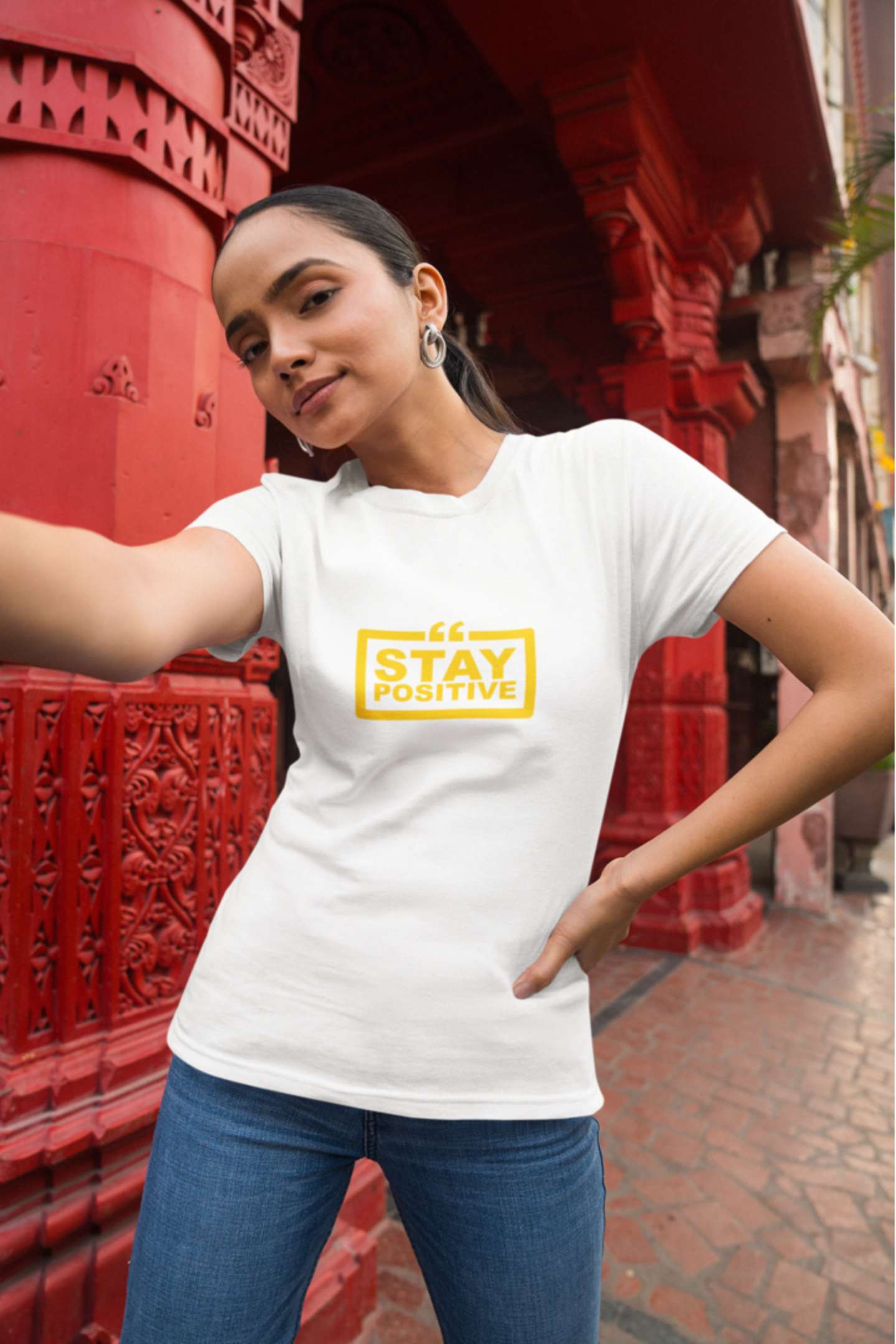 'Stay Positive' Classic round neck half sleeves cotton T-shirts.