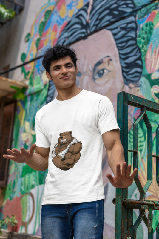 Bear Flexing Classic round neck half sleeves cotton T-shirts.