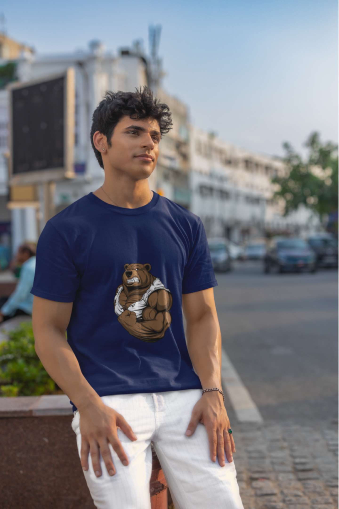 Bear Flexing Classic round neck half sleeves cotton T-shirts.