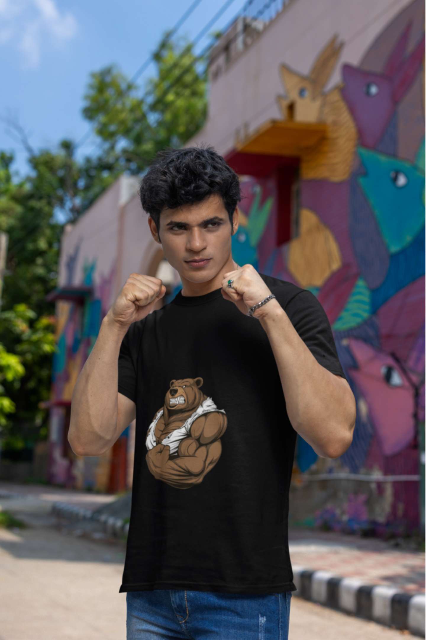 Bear Flexing Classic round neck half sleeves cotton T-shirts.