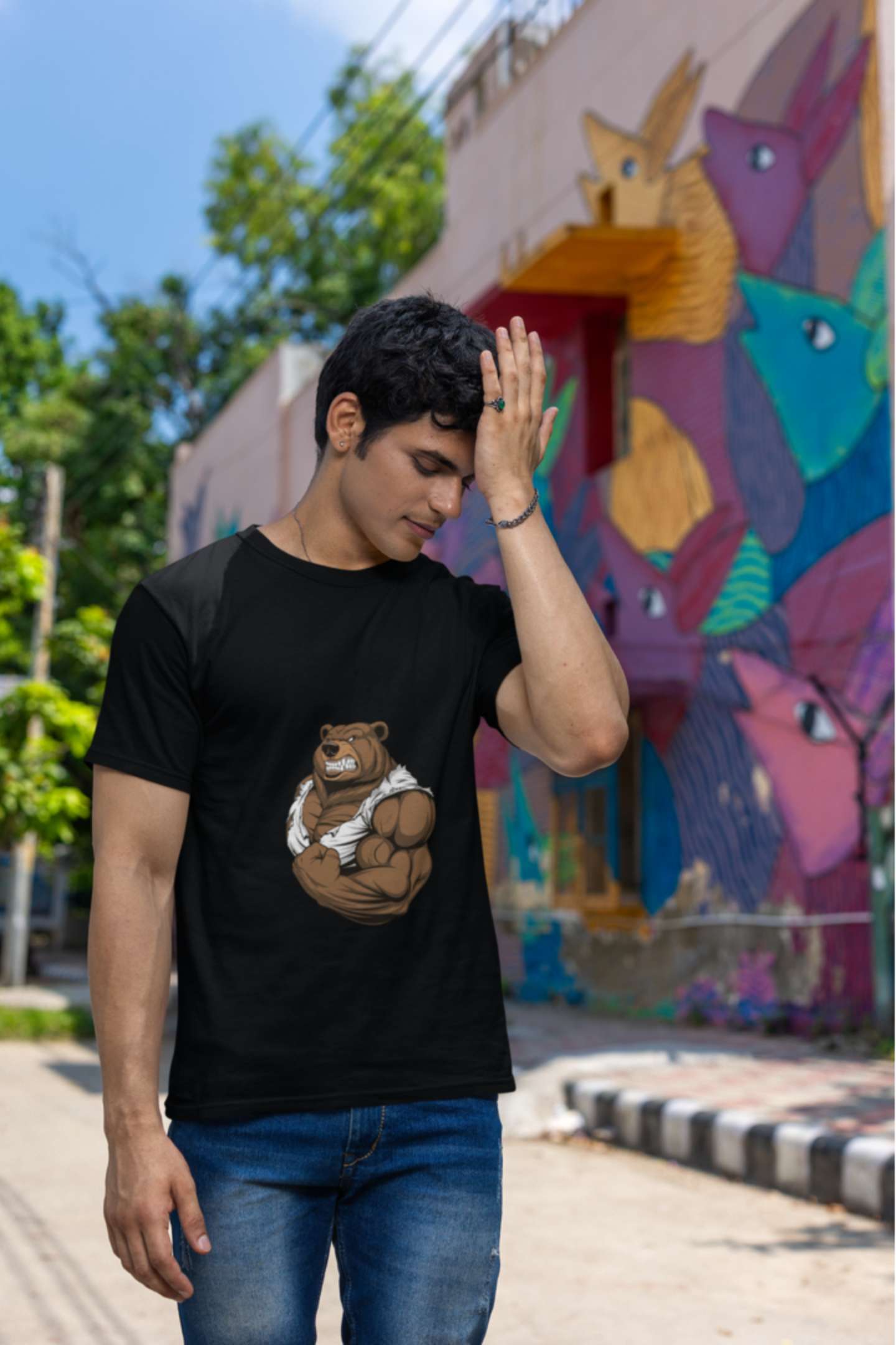 Bear Flexing Classic round neck half sleeves cotton T-shirts.