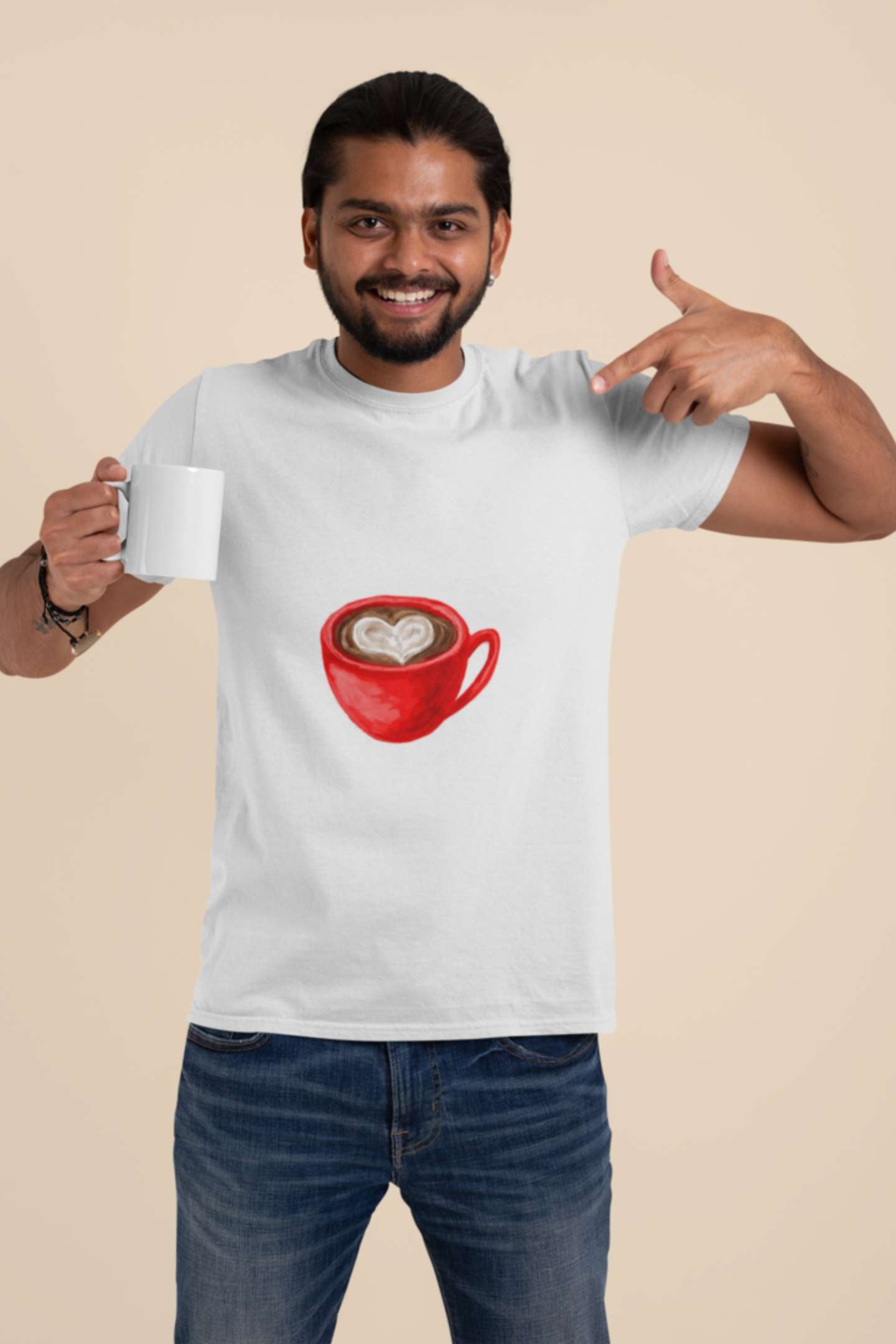 "Coffee Heart" Classic round neck half sleeves cotton T-shirts.