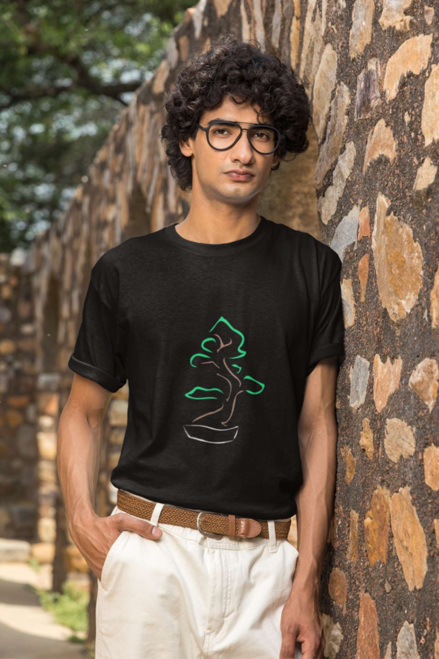 "Serene Bonsai Tree" Classic round neck half sleeves cotton T-shirts.