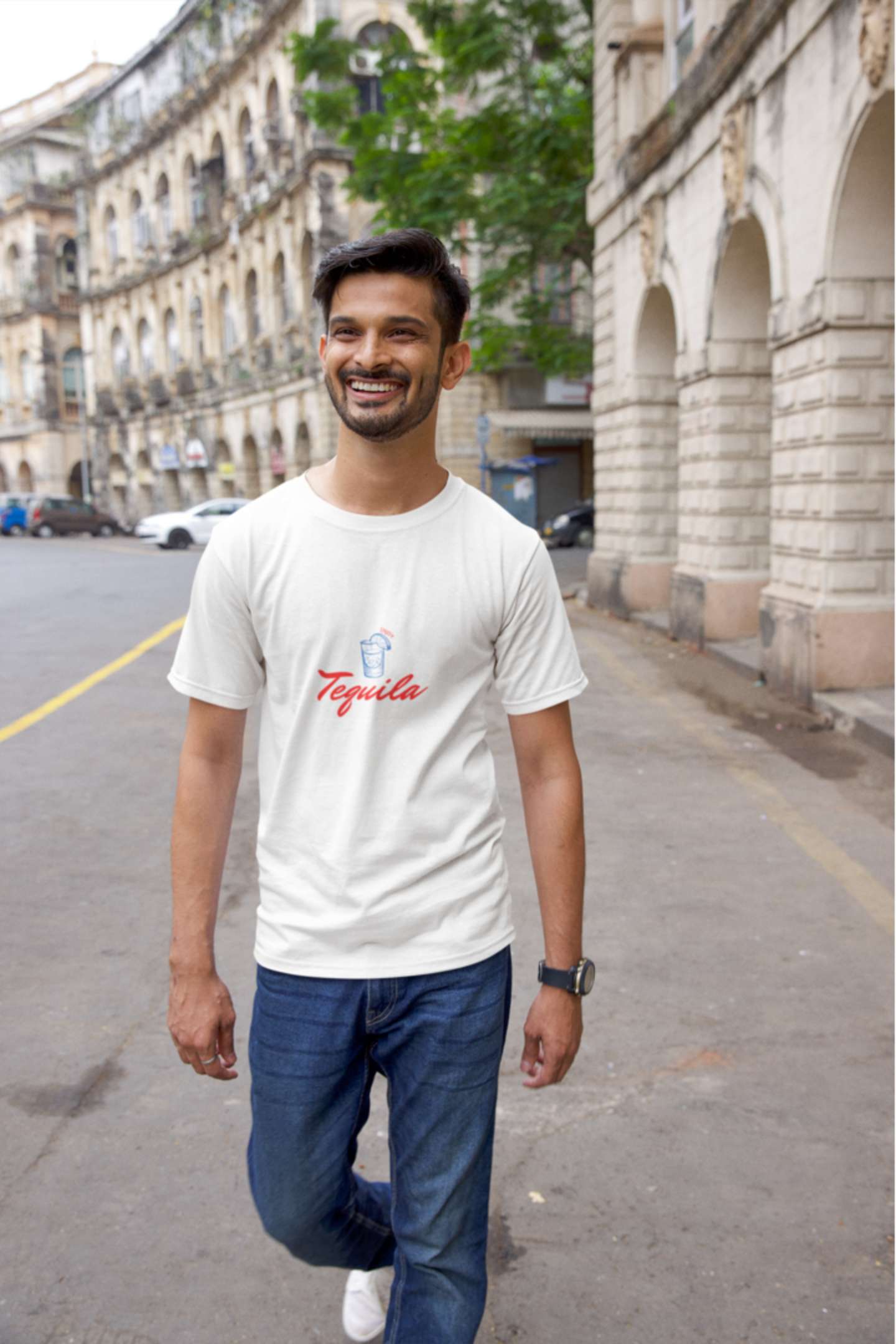 "Enjoy" Classic round neck half sleeves cotton T-shirts.