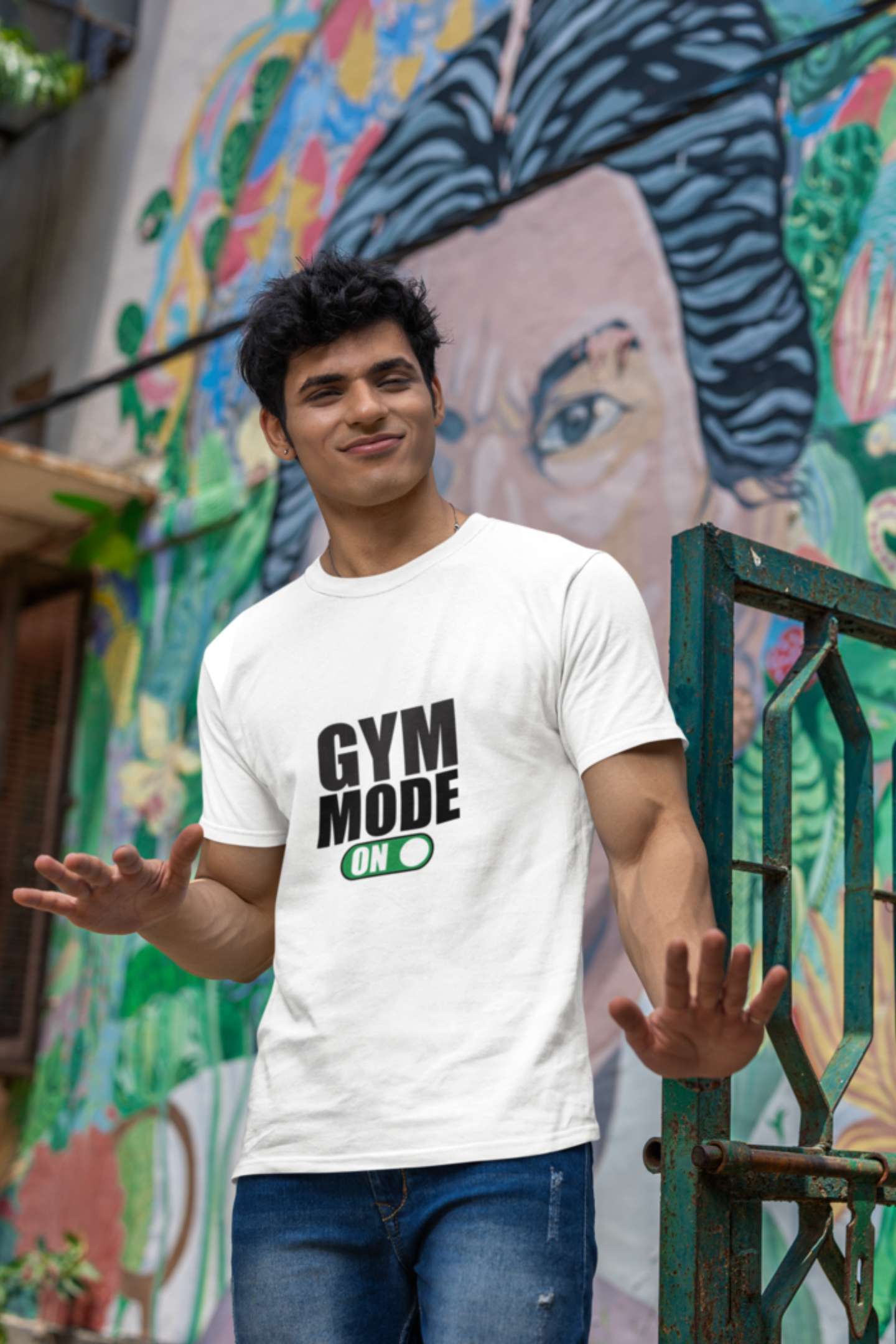 "Gym Mode On" Classic Round Neck Cotton T-Shirt with Half Sleeves.